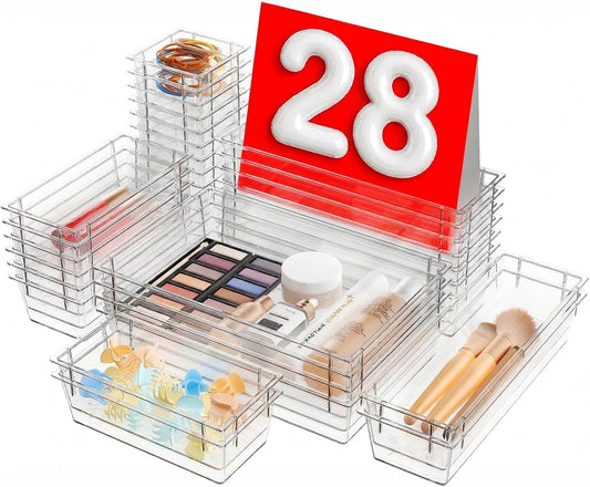 A-LuGei 【Military Grade】 Drawer Organizer,【𝟱𝗦𝗶𝘇𝗲】 Makeup organizer,【Holds 177 Items】 Bathroom Organizers and Storage,Organization and Storage,Desk Drawer Organizer for Vanity【Clear】