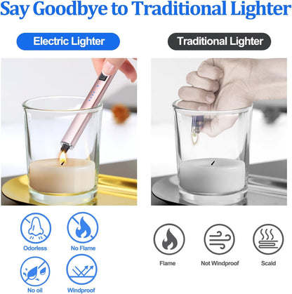 Electric Candle Lighter Rechargeable USB: Christmas Stocking Stuffers Valentines Day Birthday Gifts for Women Her Mom Windproof Flameless Dual Arc Camping BBQ Kitchen Lighters for Candle Safety Lock