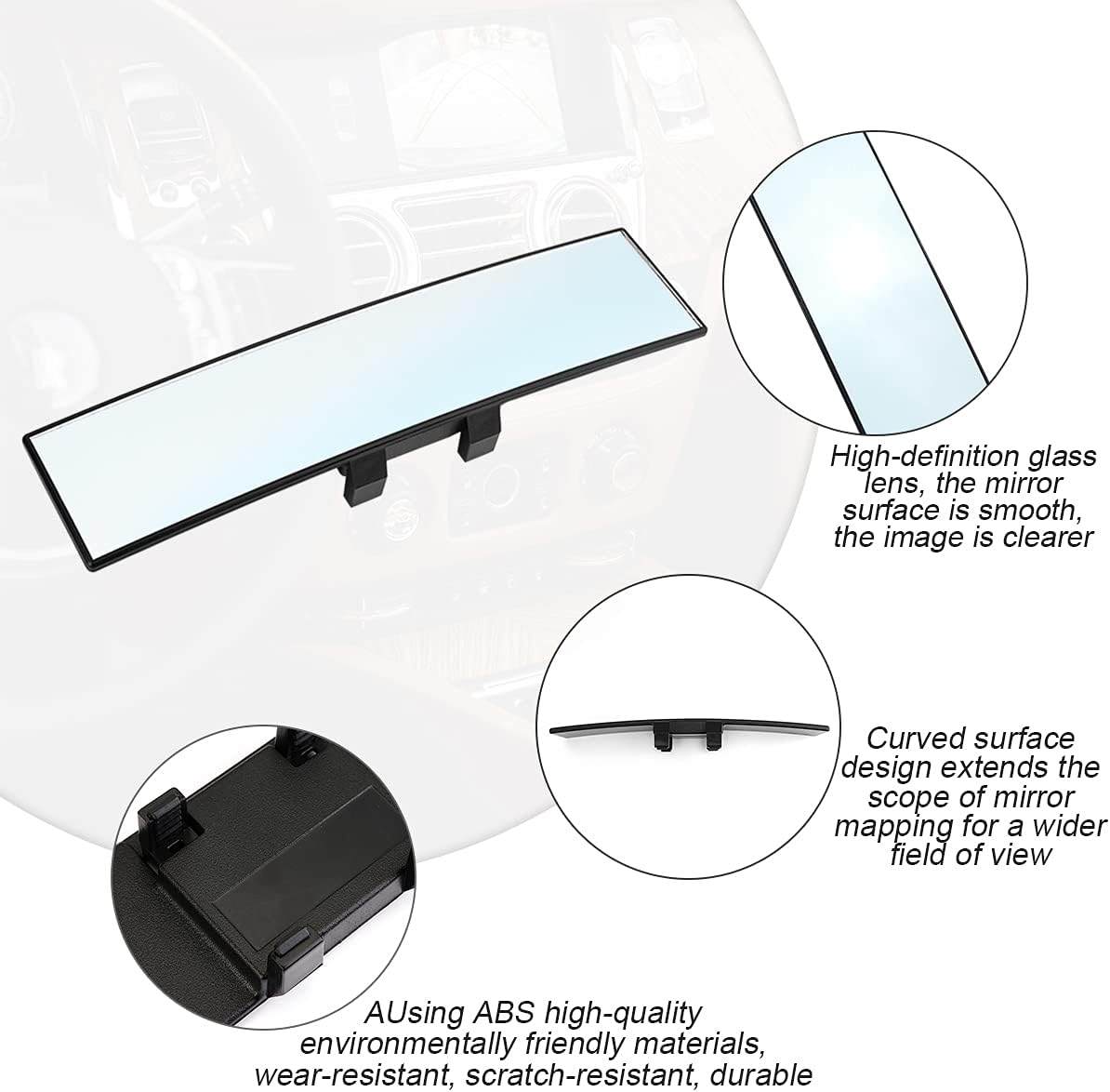 Car Rearview Mirrors, Shock Resistant Interior Clip-on Panoramic Rear View Mirror for Car, Wide Viewing Range, 12 inch HD Universal Use for Cars, SUVs, Trucks, Vehicles (White)