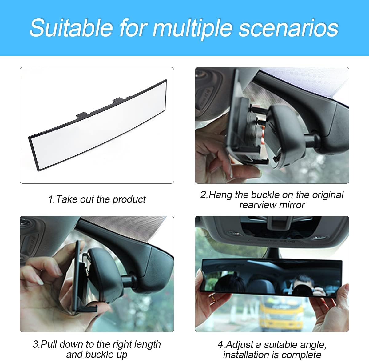 Car Rearview Mirrors, Shock Resistant Interior Clip-on Panoramic Rear View Mirror for Car, Wide Viewing Range, 12 inch HD Universal Use for Cars, SUVs, Trucks, Vehicles (White)