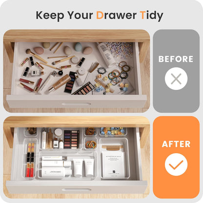 A-LuGei 【Military Grade】 Drawer Organizer,【𝟱𝗦𝗶𝘇𝗲】 Makeup organizer,【Holds 177 Items】 Bathroom Organizers and Storage,Organization and Storage,Desk Drawer Organizer for Vanity【Clear】