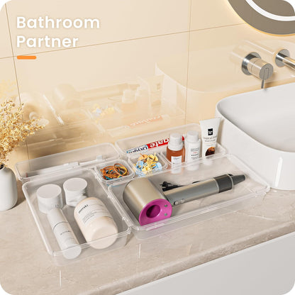 A-LuGei 【Military Grade】 Drawer Organizer,【𝟱𝗦𝗶𝘇𝗲】 Makeup organizer,【Holds 177 Items】 Bathroom Organizers and Storage,Organization and Storage,Desk Drawer Organizer for Vanity【Clear】