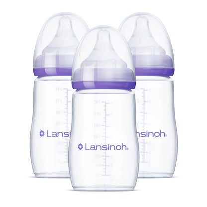 Lansinoh Anti-Colic Baby Bottles, BPA-Free Plastic, 8 Ounces, 3 Count, Medium Flow Nipples (Size M), Breastfeeding Bottle with NaturalWave Design, Baby Essentials